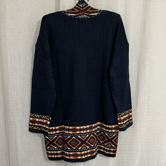 Lucky Brand Navy Orange White Gold Aztec Ribbed Knit Open Front Pocket Cardigan - Picture 2 of 12
